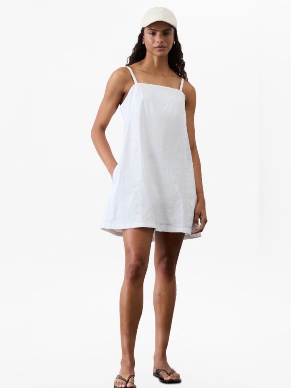 Athleta white linen a line cami dress with pockets